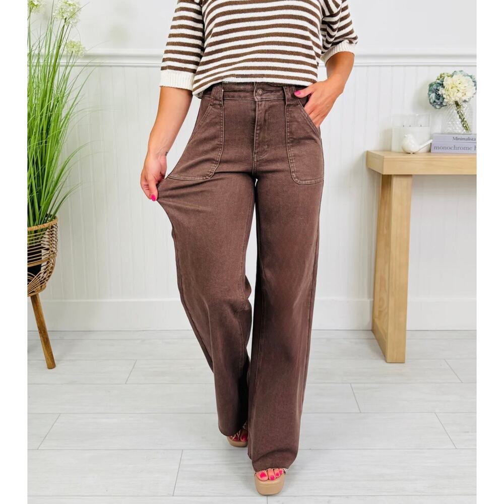 Judy Blue Box of Chocolates Retro Wide Jeans High Rise Brown Size 0/24 Stretch - Picture 16 of 16